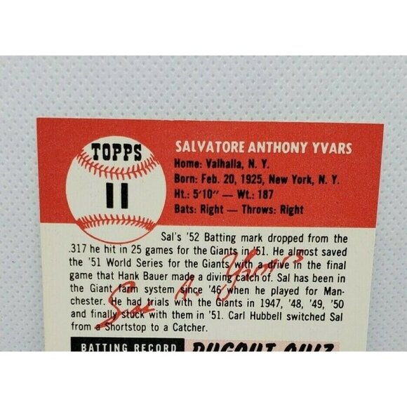 Vintage Sal Yvars 1953 Topps Archives Baseball Card #11 Reprint Collectible - Picture 4 of 5